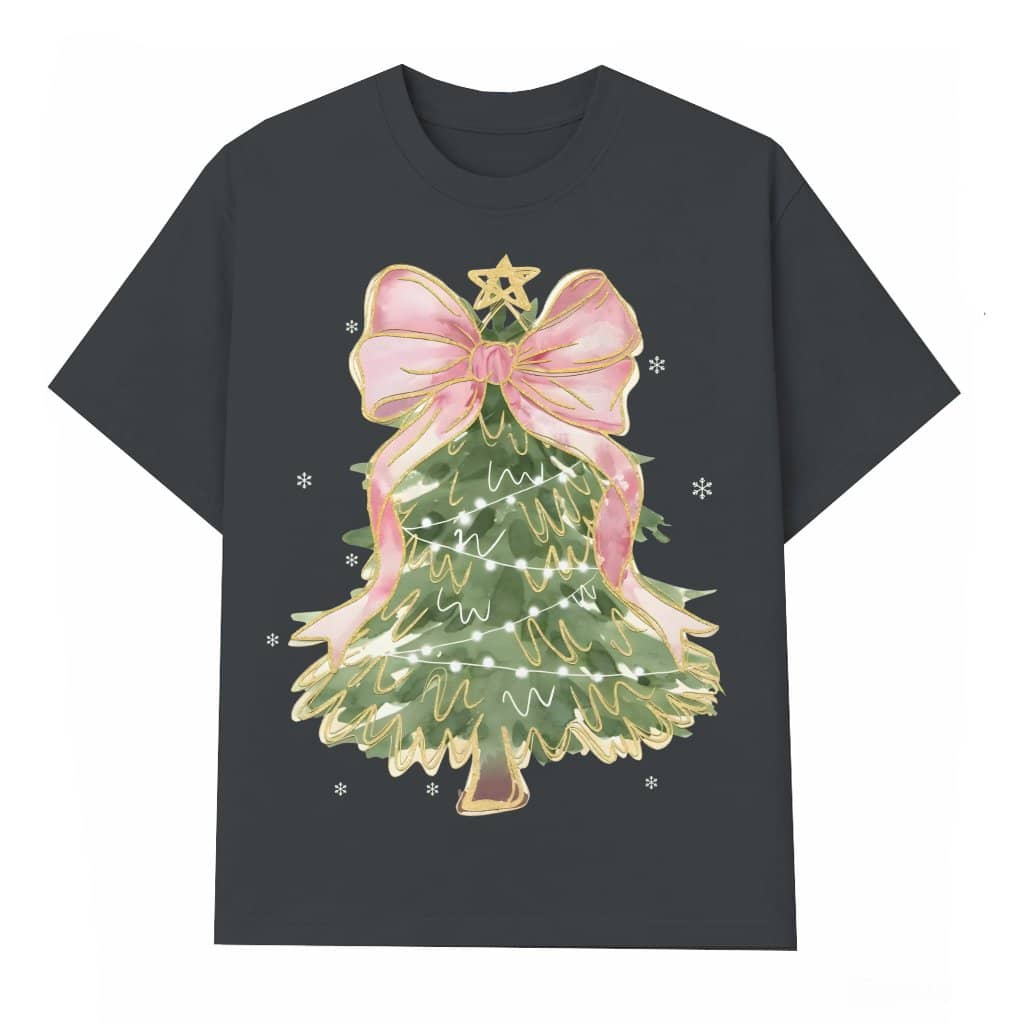 Coquette Christmas Tree T-shirt – Christmas Gift for Girls Bow Design