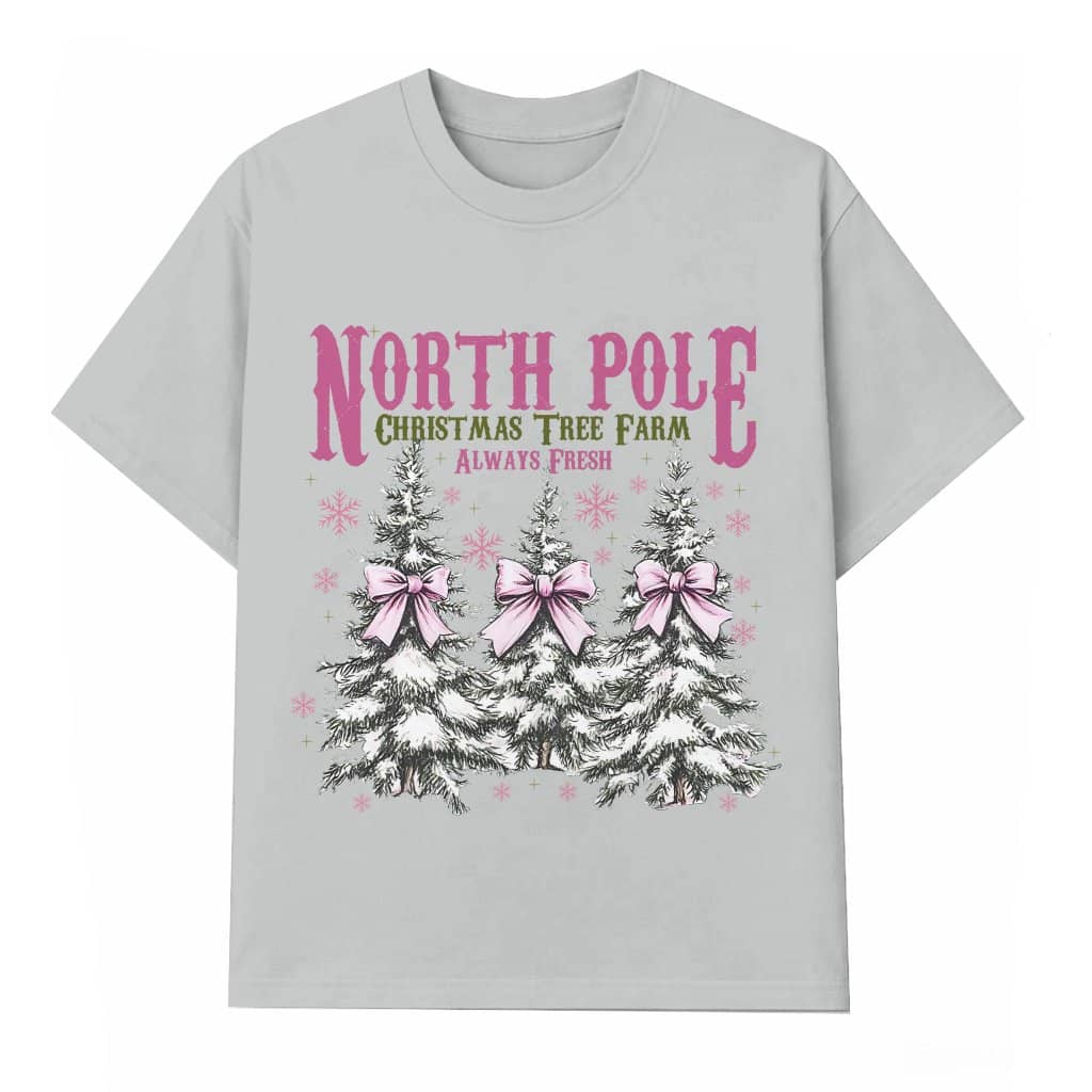 North Pole Pink Coquette Bow T-shirt – Christmas Gift for Her Retro Holiday Tree