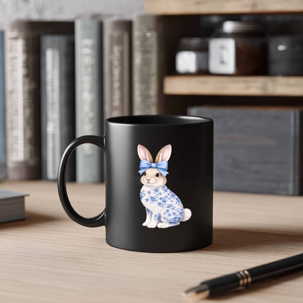 Floral Blue Bunny Black Mug – Easter Gift for Bunny Lover