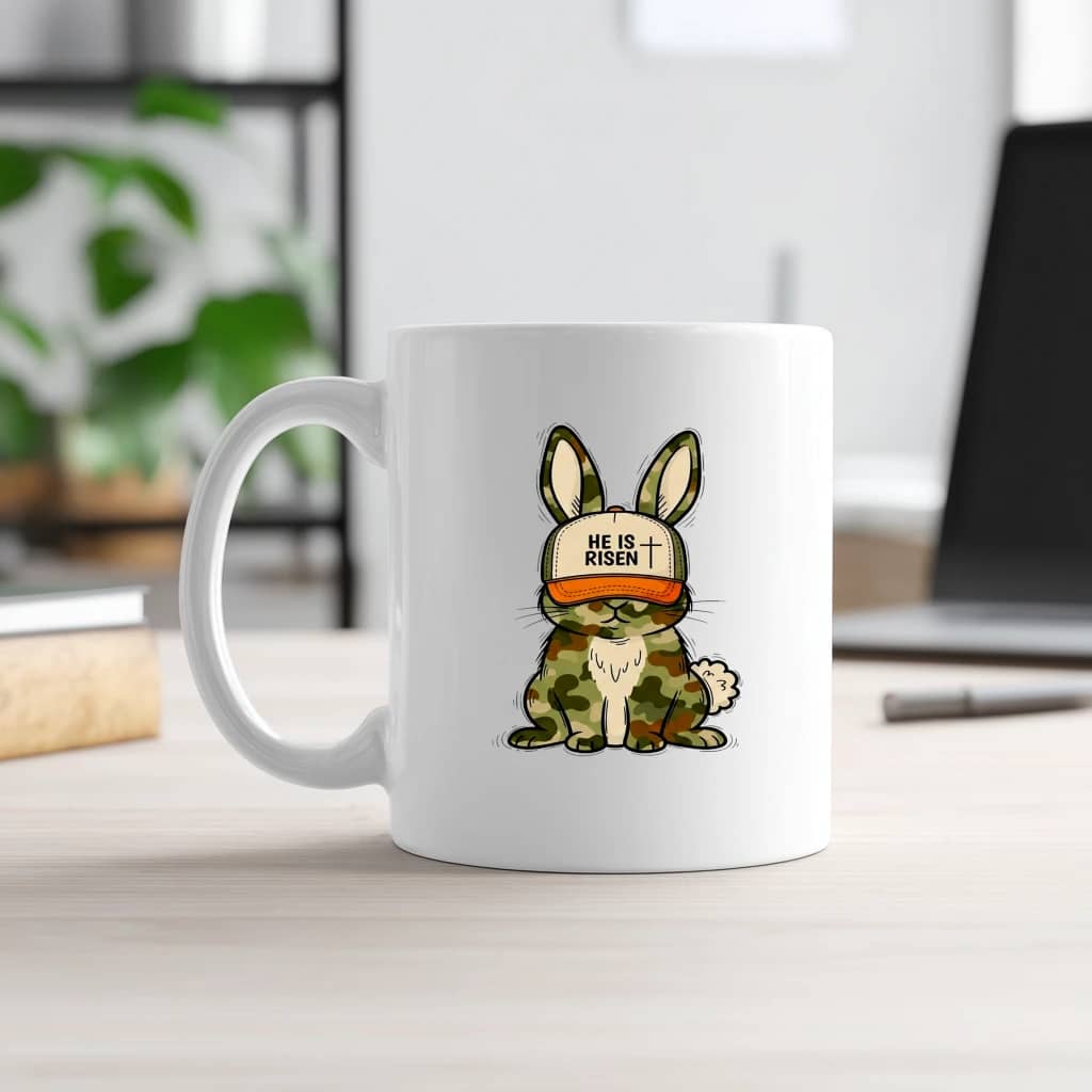 White Mug Easter – He Is Risen Camo Bunny Gift for Him Her