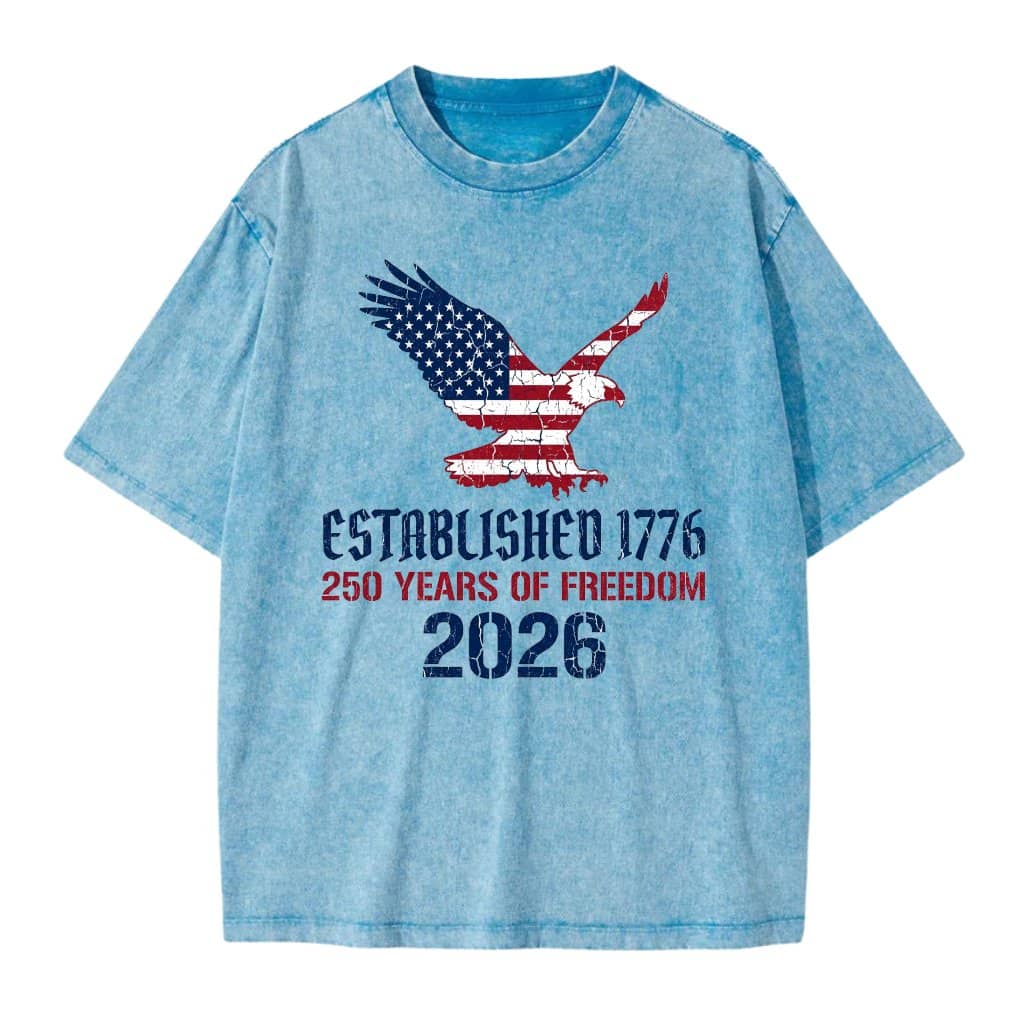 Established 1776 Patriotic Eagle Wash Tee – USA 250th Anniversary Gift for Him and Her