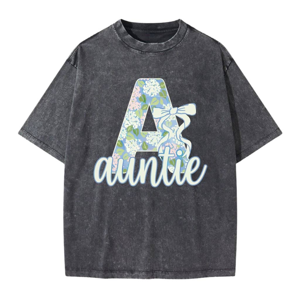 Floral Auntie Wash Tee – Mother's Day Gift for Aunt Vintage Flower Letter A