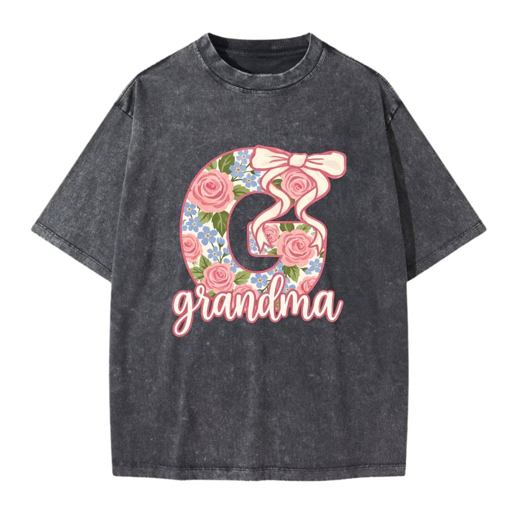 Floral Grandma Wash Tee – Mother's Day Gift for Grandma Vintage Rose Letter G