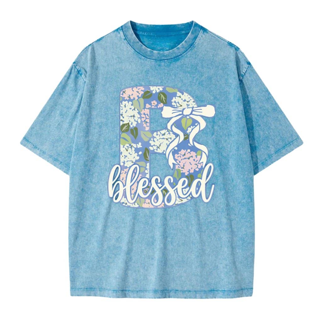 Blessed Floral Letter B Wash Tee – Religious Gift for Mom Vintage