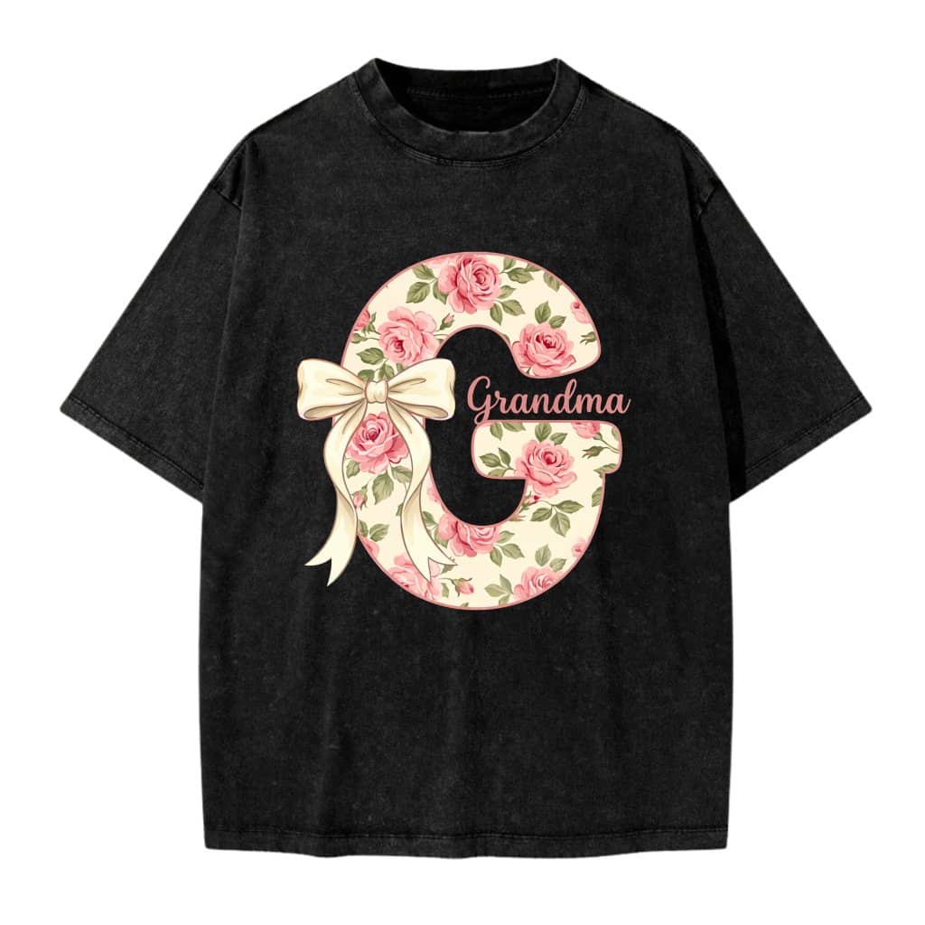 Vintage Floral Rose Letter G Wash Tee – Mother's Day Gift for Grandma