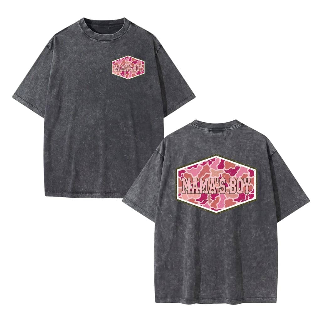 Mama's Boy Camo Wash Tee - Mama Pink Camo Hexagon Logo 2 sided Shirt - Mother's Day Gift for Hunting Mom
