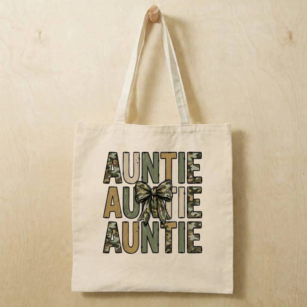 Camo Coquette Bow Auntie Cotton tote bag - Hunting Auntie Mother's Day Gift for Aunt