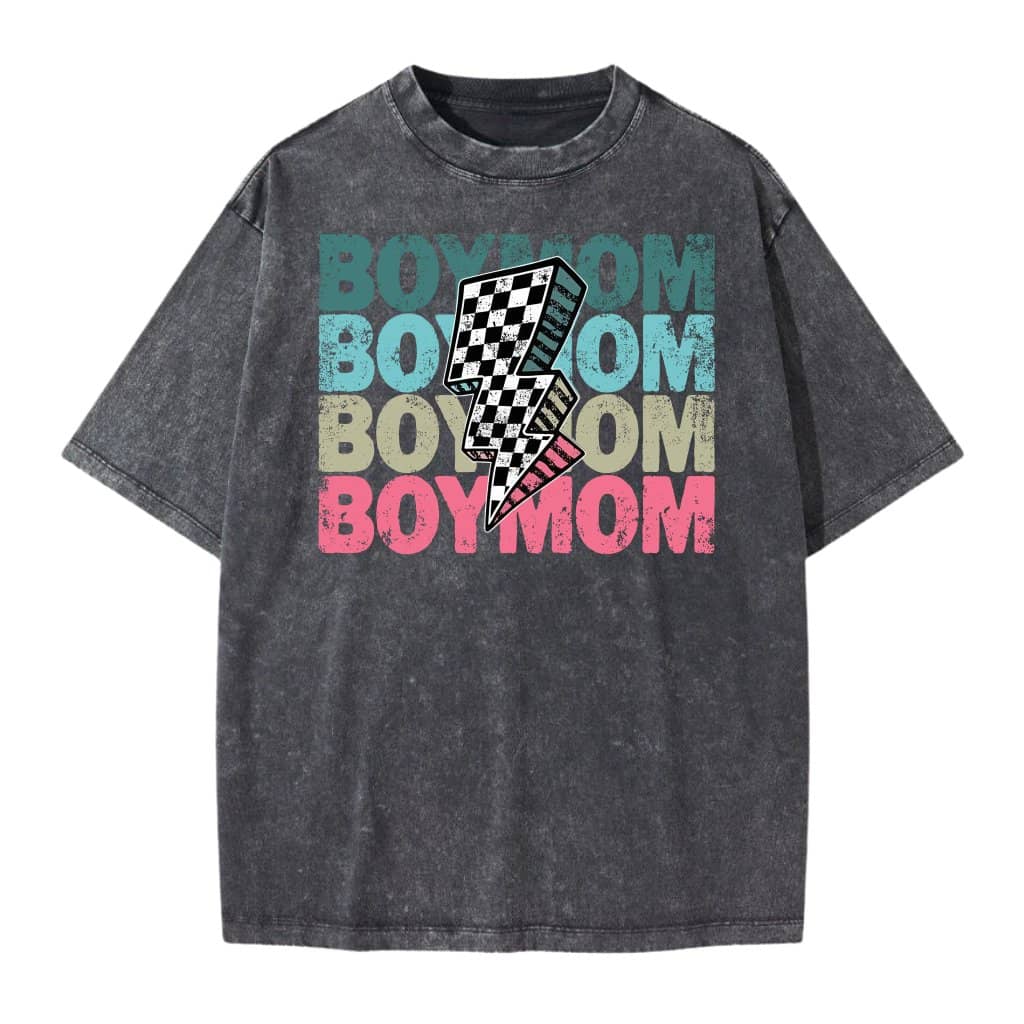 Retro Checkered Lightning Bolt Distressed Boy Mom Wash Tee - Cool Mother's Day Gift for Mama, women