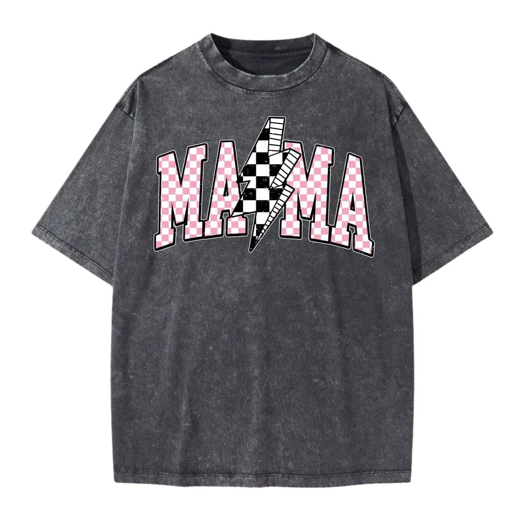Retro Lightning Bolt Pink Checkered Mama Wash Tee - Cool Mother's Day Gift for Mama, Racing Girls