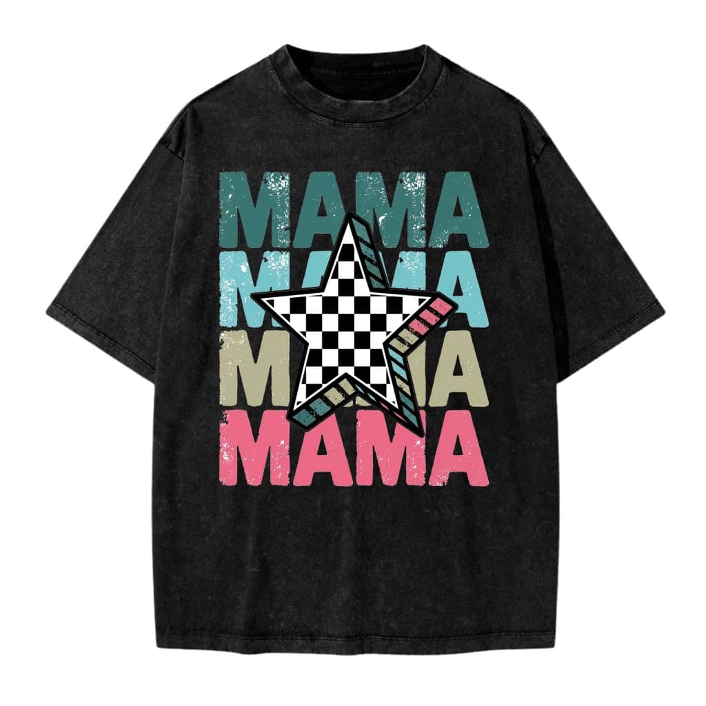 Retro Checkered Star Mama Wash Tee - Cute Mother's Day Gift for Mama