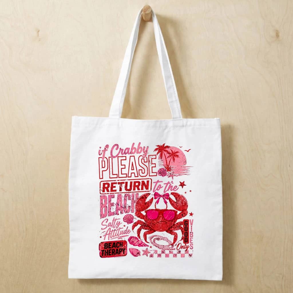 Crabby Please Return to The Beach Cotton tote bag - Retro Sea Crab Summer Vibes Bag - Perfect Gift for women