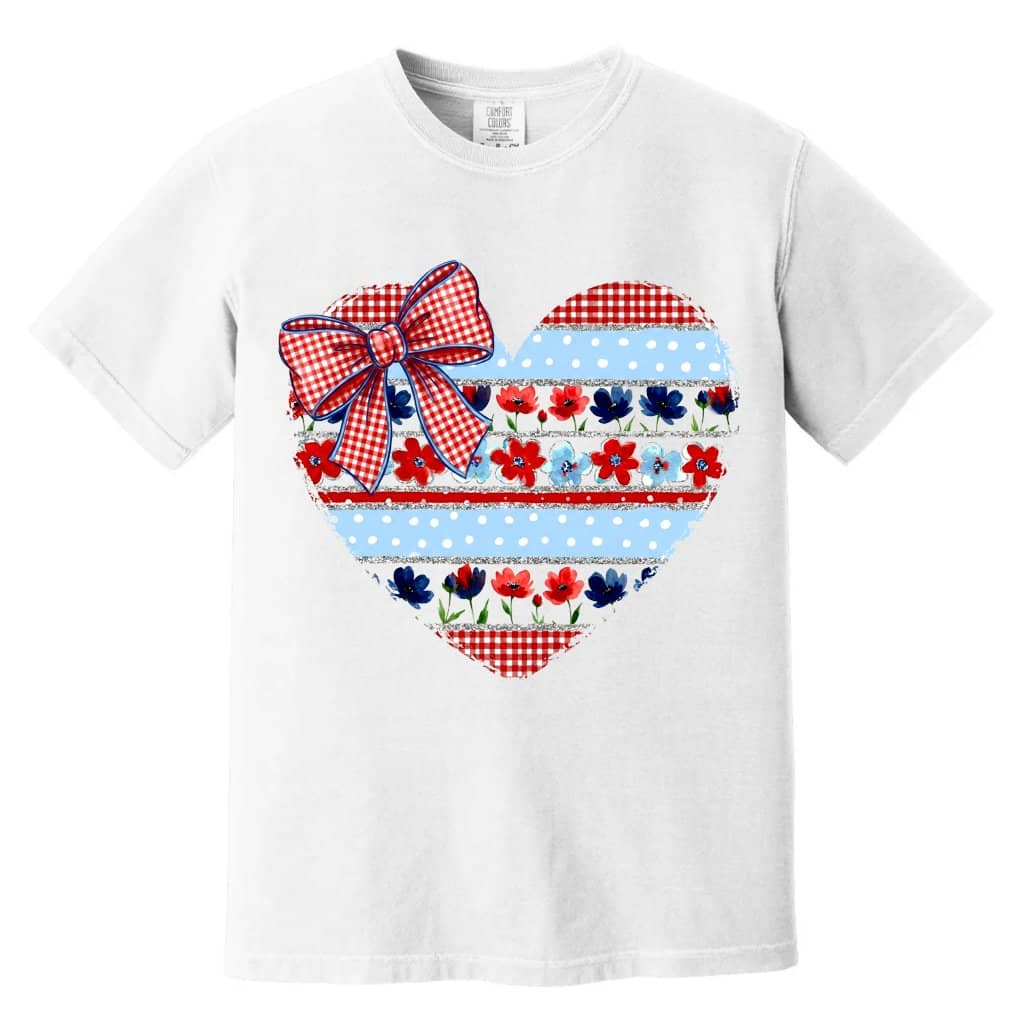 American Flag Shirt - Vintage Coquette Bow 4th of July Heart Comfort Colors Shirt - Cute Independence Day Gift for women