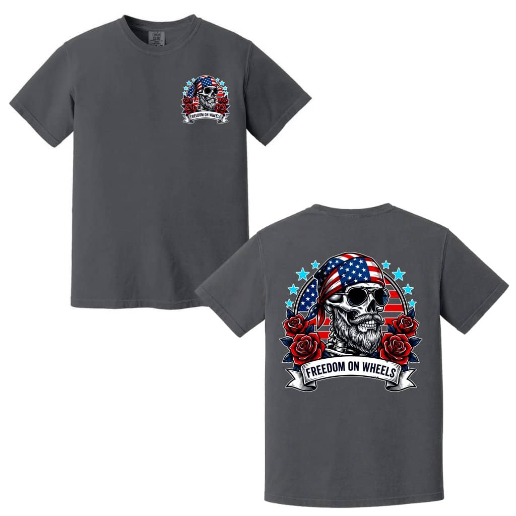 Comfort Colors Freedom On Wheels American Motor Racing Skull Shirt - Cool Men 4th of July Patriotic Gift for Racing Lovers
