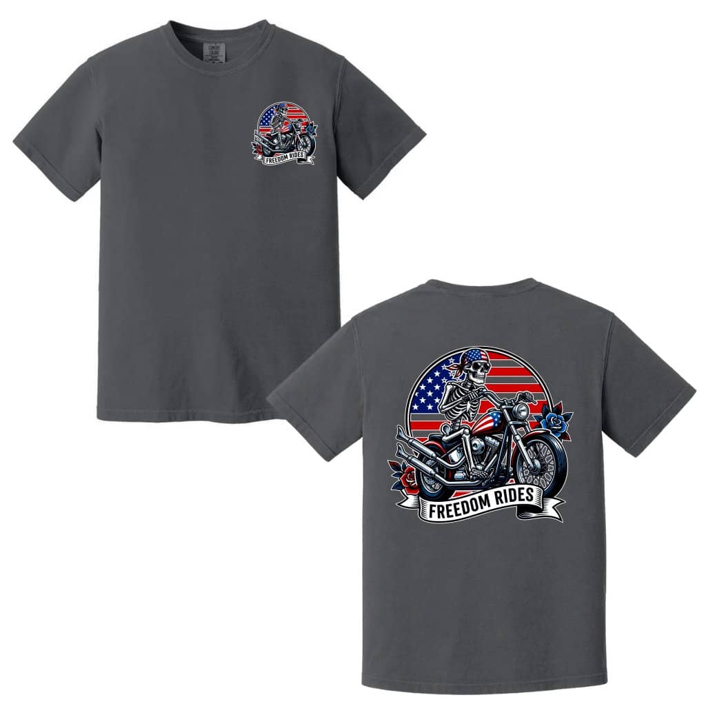 Comfort Colors Freedom Rides 4th of July Motor Racing Skeleton Shirt - Funny American Patriotic Gift for Racing Lovers