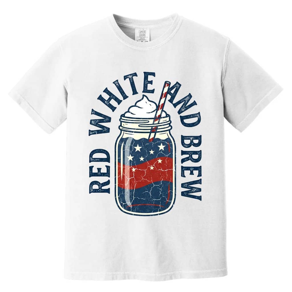 Comfort Color Red White and Brew Patriotic American Coffee Shirt - Funny 4th of July Gift for men women