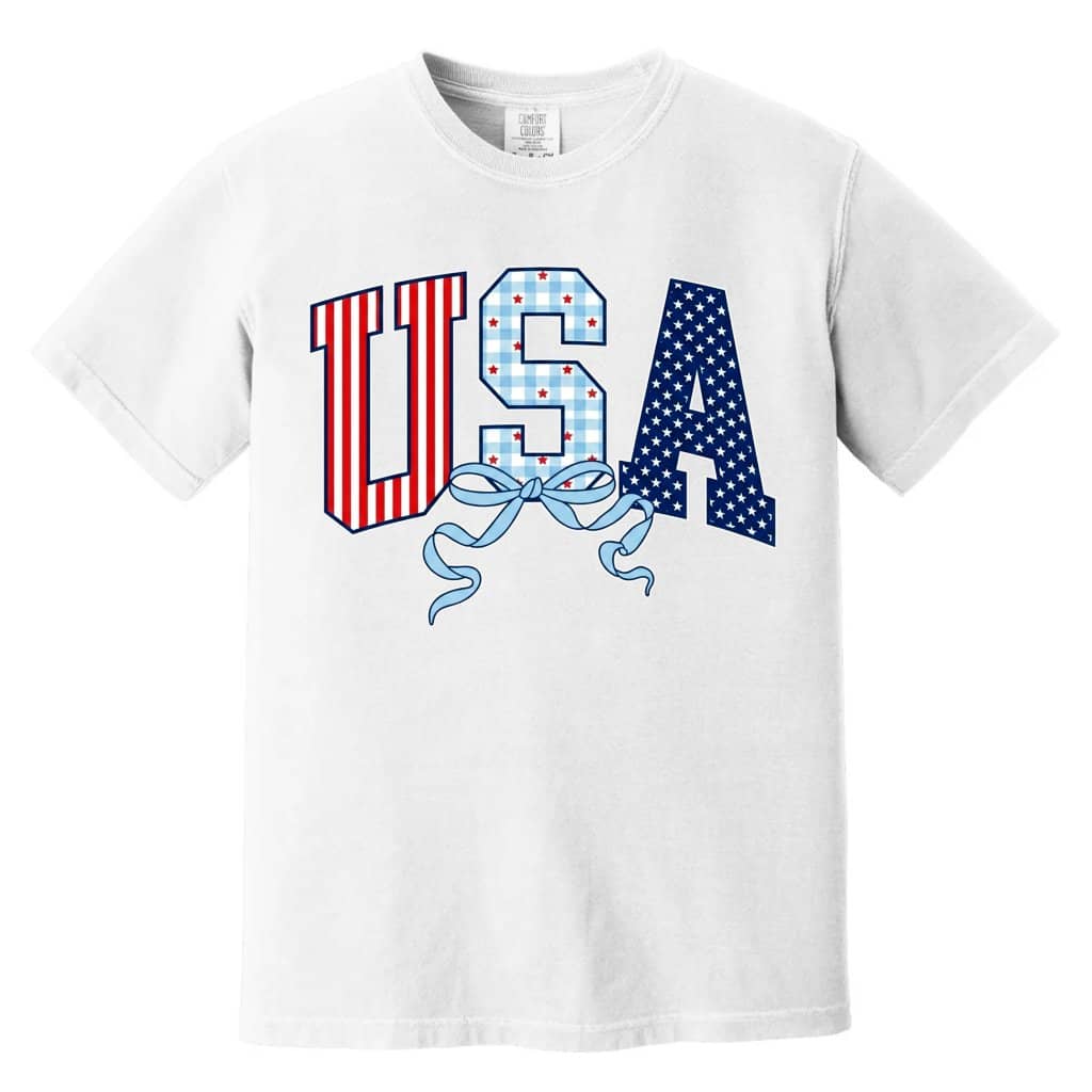 Red White Blue Stripes and Coquette Bow USA Comfort Colors Shirt - Cute USA Patriotic Gift for women