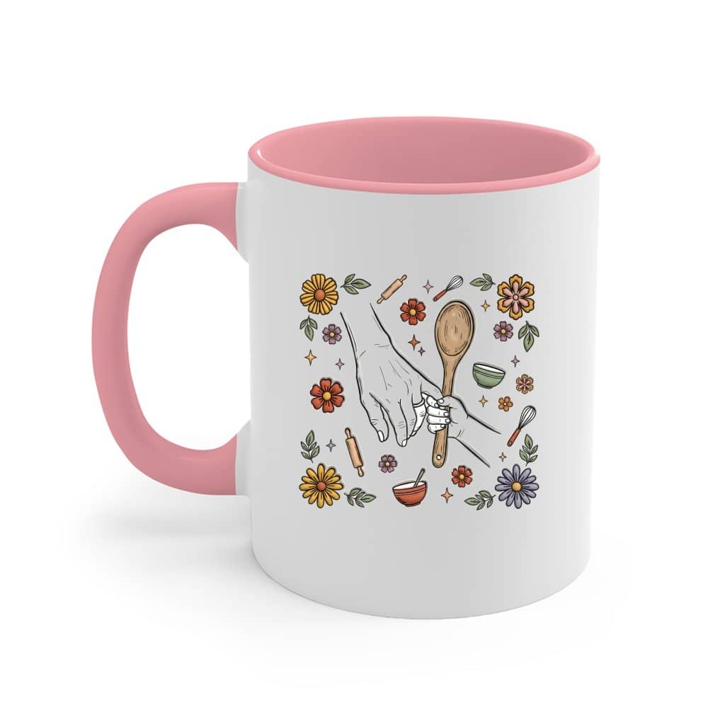 Floral Mom’s Kitchen Mug - Vintage Baking Spoon Accent Mug - Cute Mama Cooking Gift for women