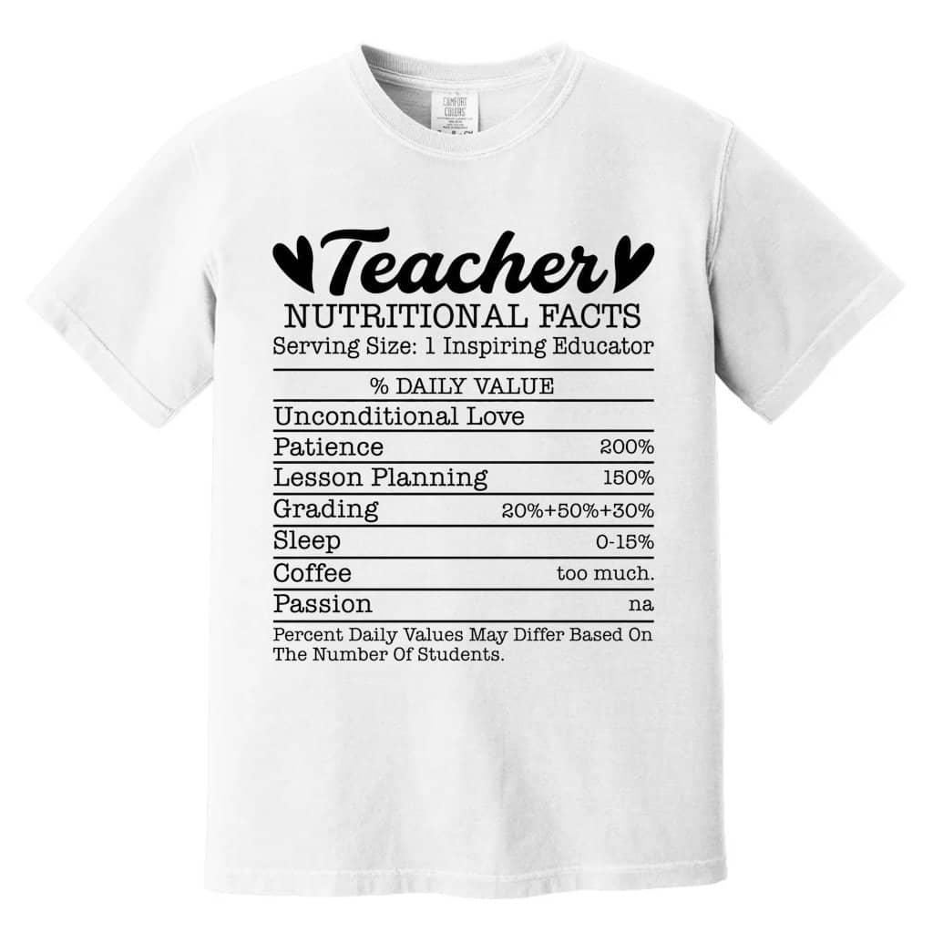 Comfort Colors Teacher Nutrition Facts Shirt - Funny Back to School Gift for Teachers & Students