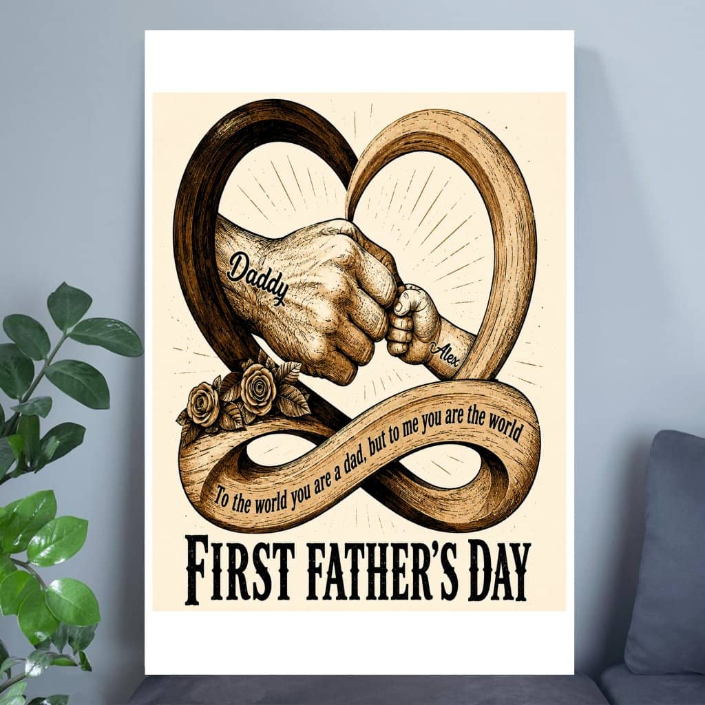 Custom Dad & Child's Name First Father's Day Print Art Poster - Daddy You Are The World Inspirational Dad Quotes Wall Decor Gift for Him