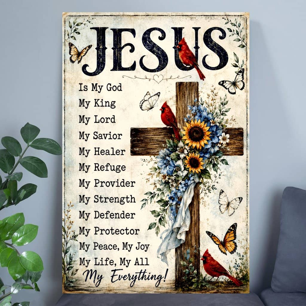 Vintage Spirit Sunflowers Hummingbirds Jesus Is My God Print Art Poster - Inspirational Positive Quotes Christian Affirmations Wall Art Decor - Christian Gift for Him & Her