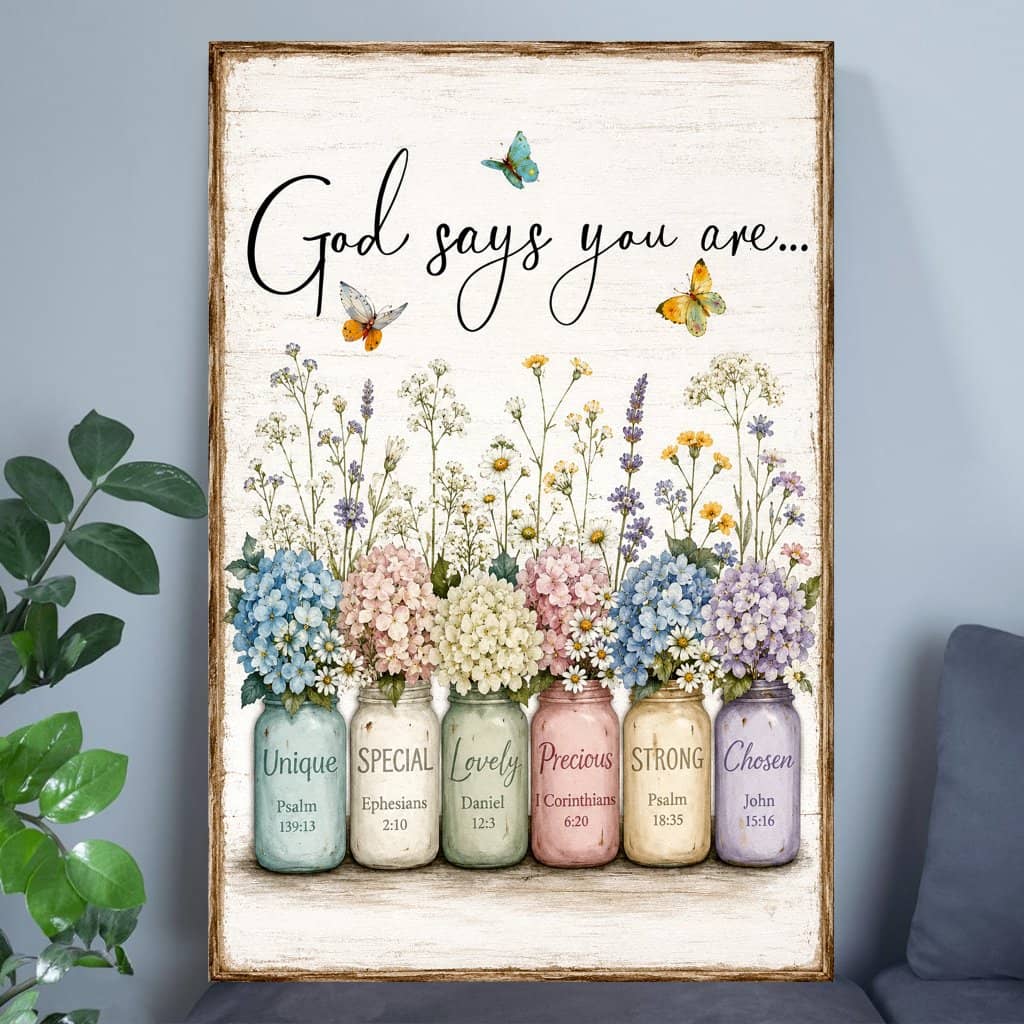 God Says You Are Floral Bible Verse Wall Art Poster - Inspirational Bible Verse Christian Gift for Women Home Decor