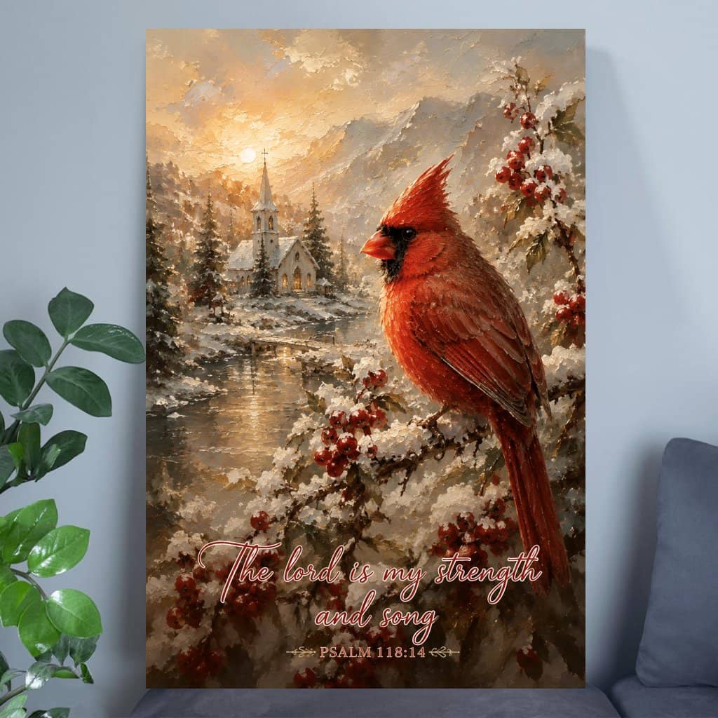 Winter Christmas Cardinal Wall Art Poster Decor - The Lord Is My Strength and Song Psalm 118:14 Art Print Poster - Xmas Christian Gift for Jesus Lovers