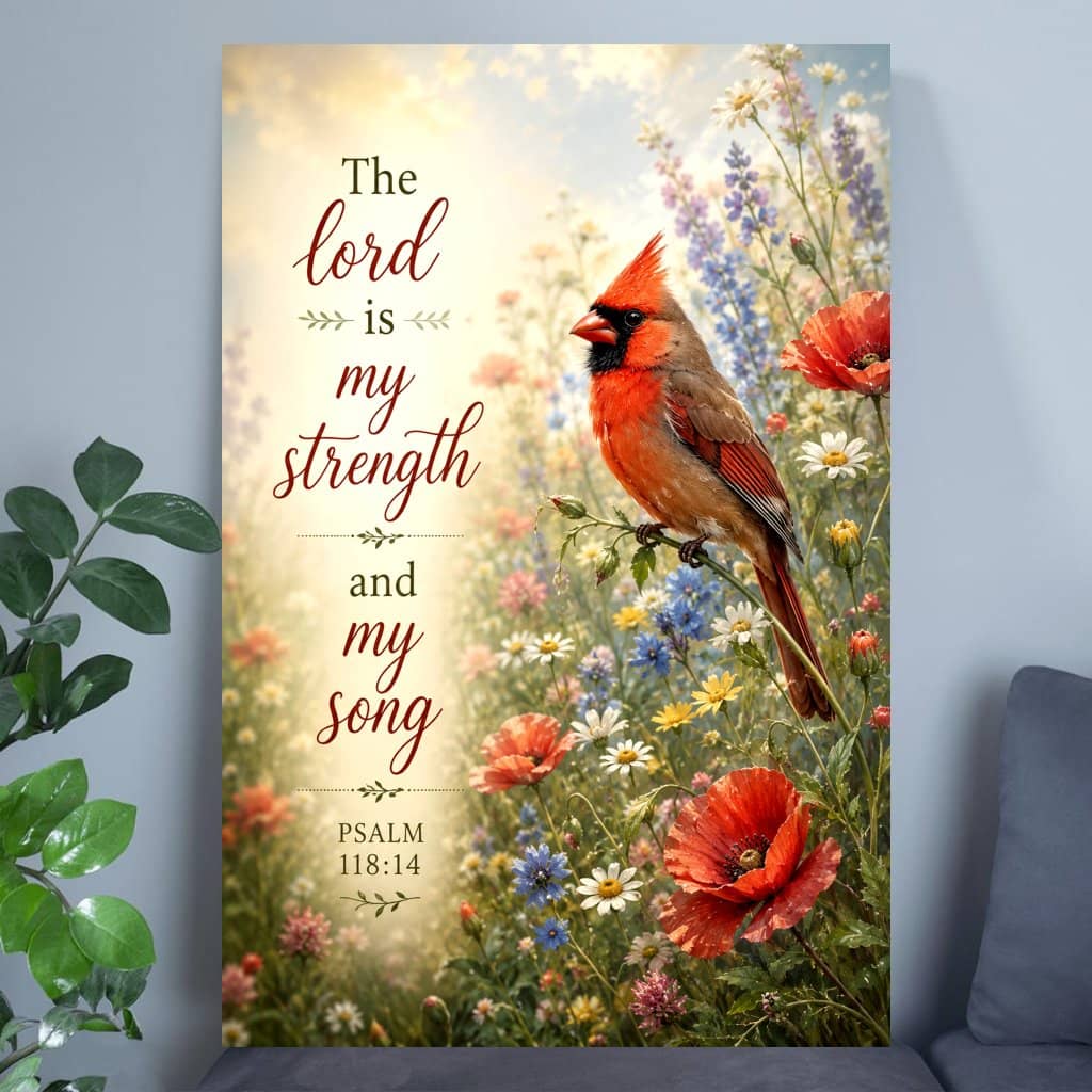The Lord Is My Strength Psalm 118:14 Christian Poster - Red Floral Cardinal Bible Verse Scripture Poster Art Prints - Christian Faith Gift for Home Decor