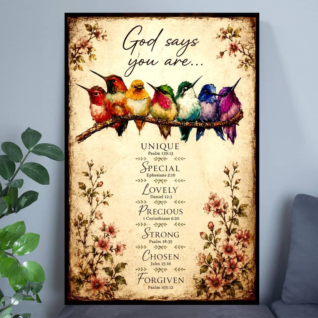 Vintage God Says You Are Strong Hummingbirds Christian Poster - Psalms Bible Verses Scripture Poster - Christian Encouragement Gift for Women