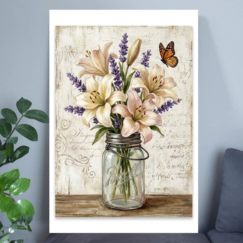 Vintage Lily Flowers Vase Poster Wall Art - White Lily Flowers Picture Poster Wall Decor Gift for Her