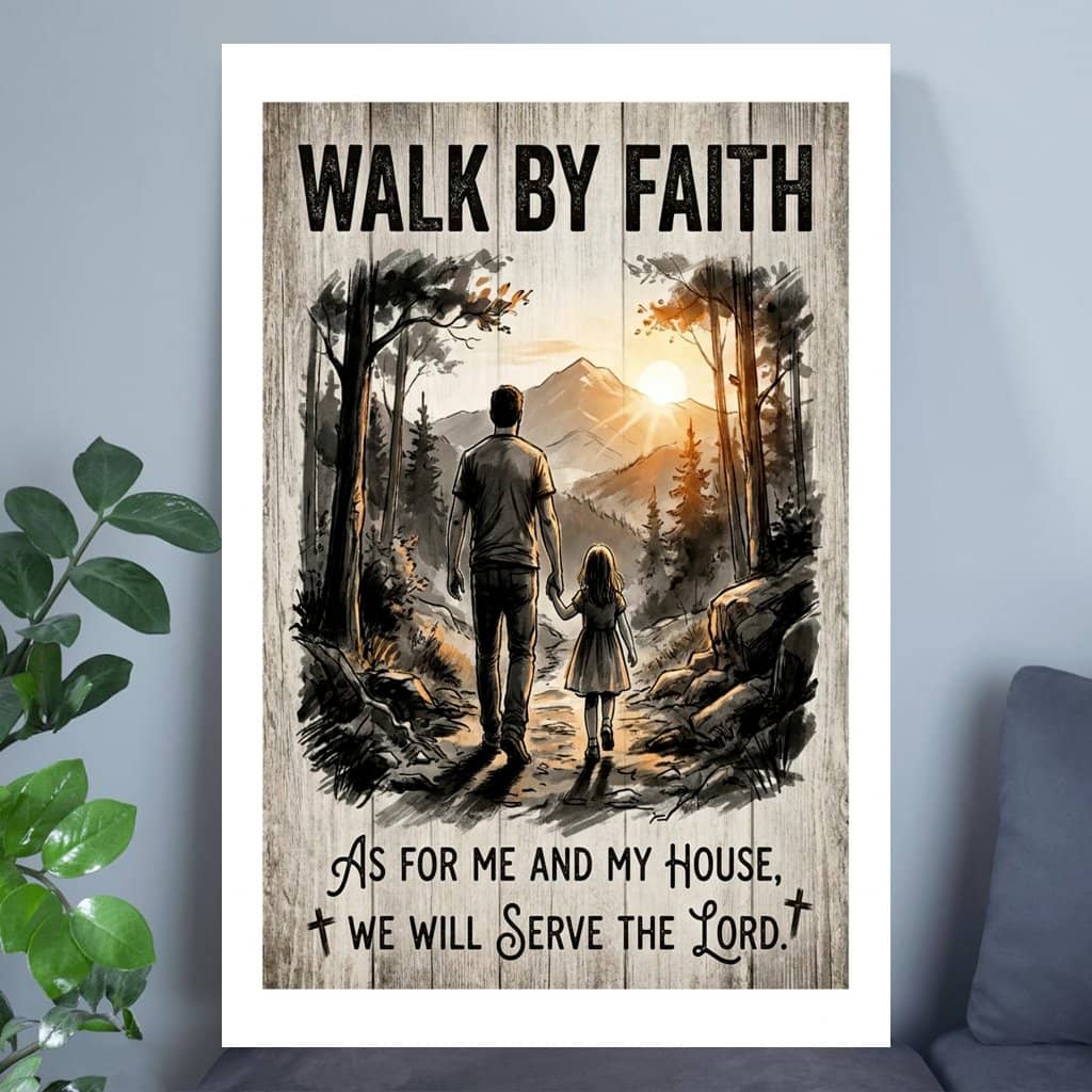 Dad & Daughter Christian Bible Inspirational Poster Wall Art - Walk By Faith We Will Serve The Lord Wall Art - Christian Gift for Living Room Bedroom Church Decoration