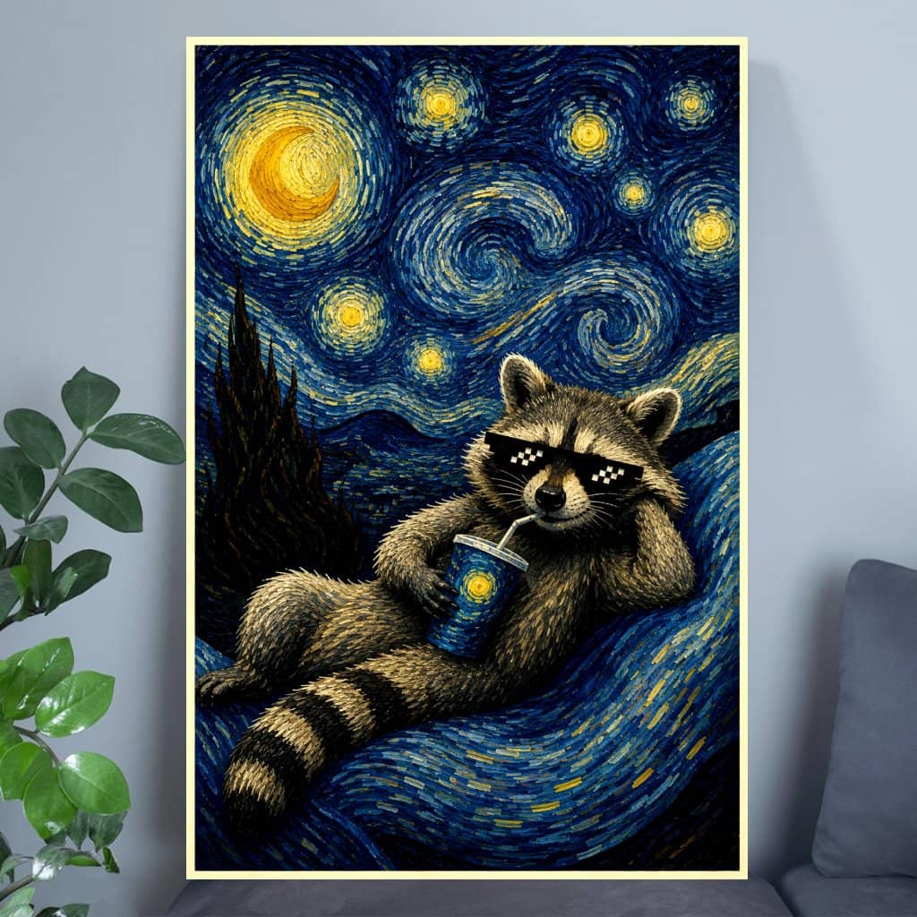 Trending Starry Night Raccoon Sleepy Poster - Cute Best Friends Pet Lover Starry Sky Poster - Animal Lovers Gift for Home Decor