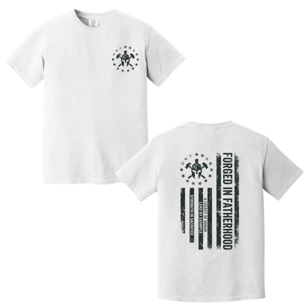 Comfort Colors Forged In Fatherhood Spartan American Flag Shirt – Patriotic Dad Warrior Tee – Strength Honor Sacrifice Gift for Fathers