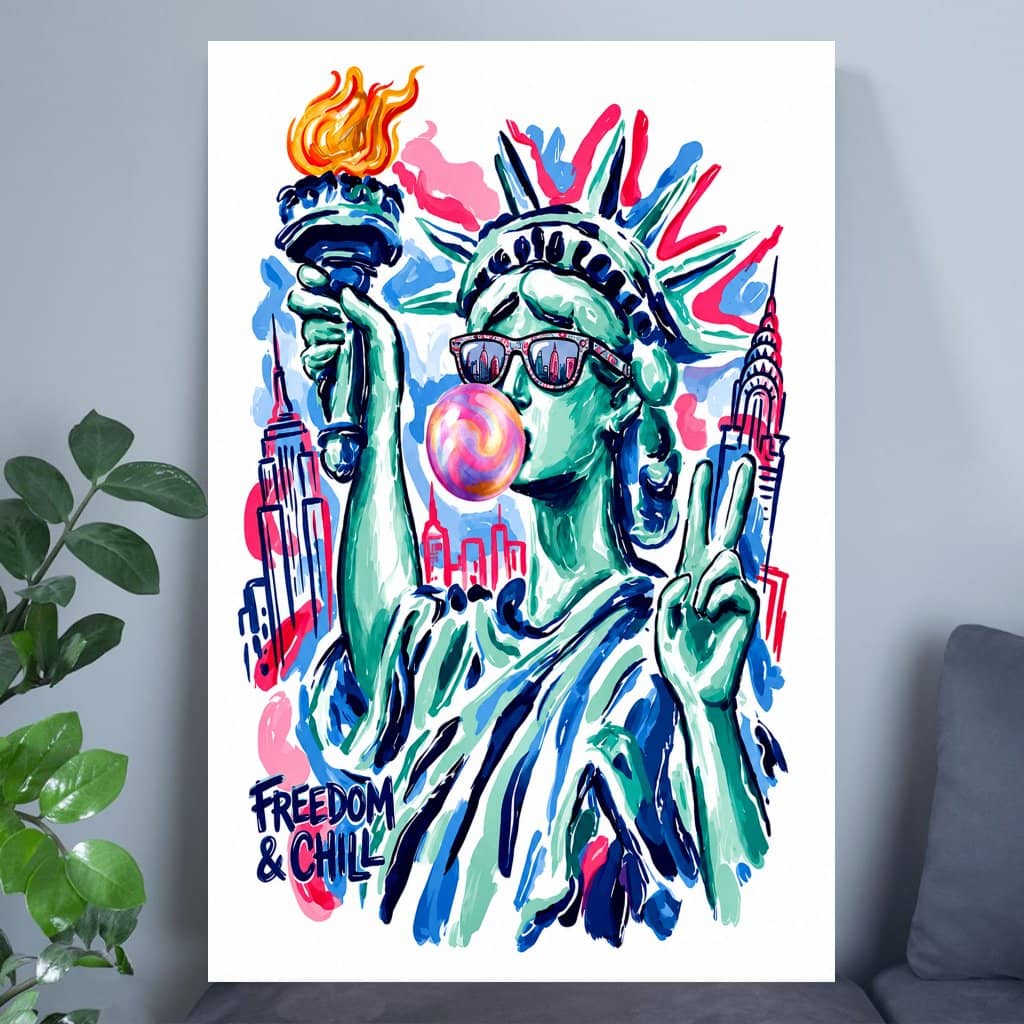 Preppy Statue of Liberty Blowing Bubble Gum Picture - Freedom & Chill American Lady Wall Art Poster - Humor 4th of July Home Decor Gift for Her