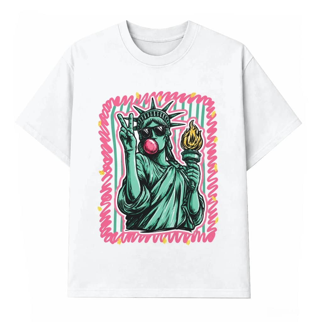 Funny Independence Liberty T-Shirt for women - Preppy Stripes Statue of Liberty Blowing Bubble Shirt - USA Patriotic Gift for Her
