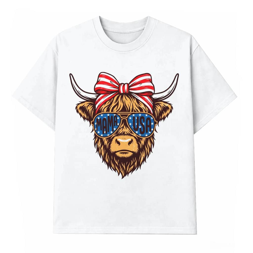 Vintage Mama USA Patriotic Cow T-Shirt - Cute Highland Cow Patriotic Gift for Her