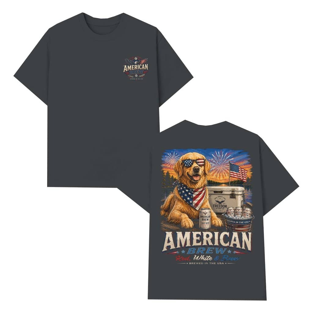 Retro American Brew Retriever Golden Drinking T-Shirt 2 sided - Cool USA Patriotic Gift for Beer Lovers
