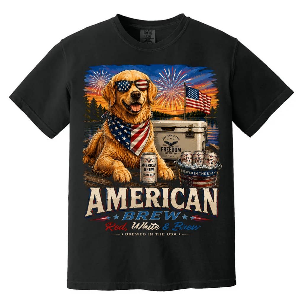 Comfort Colors Red White & Brew American Golden Dog T-Shirt - Cool Patriotic Gift for Beer Lovers