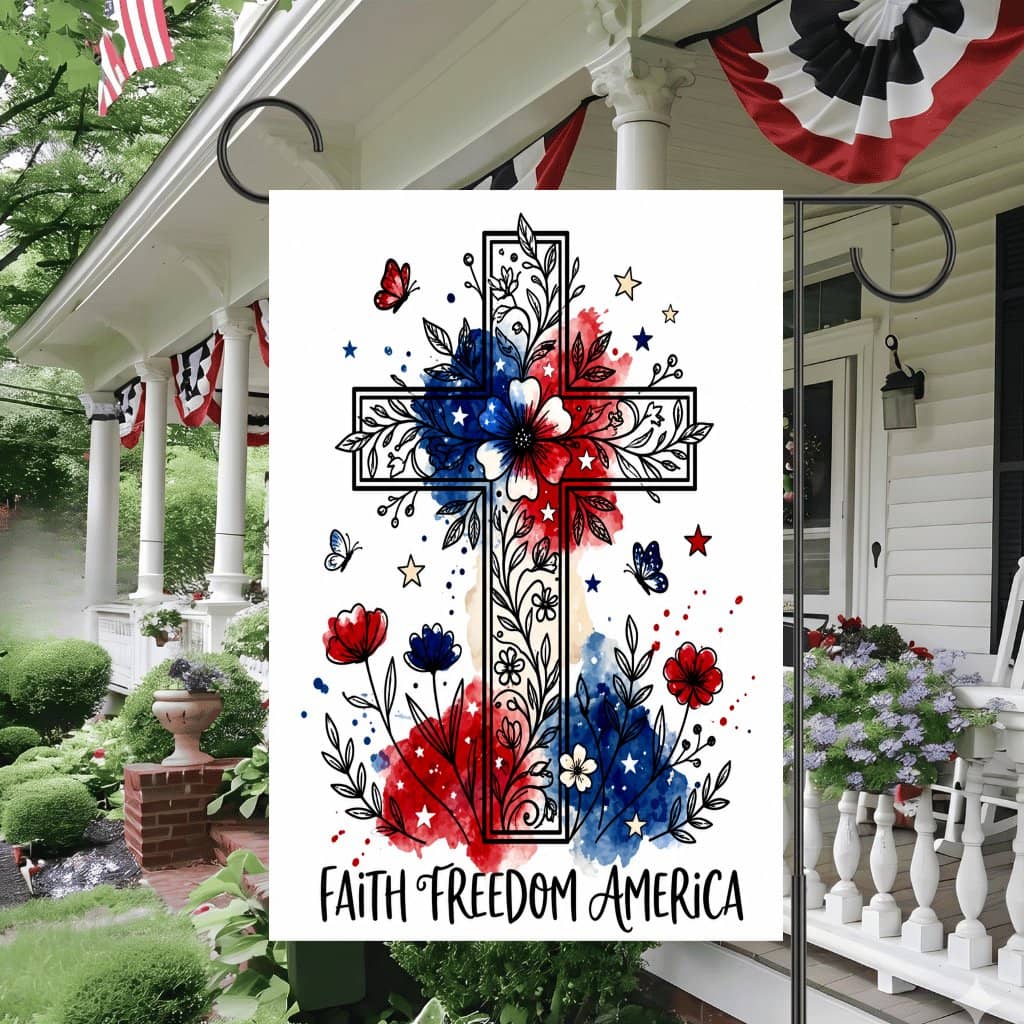 Floral Faith Freedom America Flag House Banner - Christian USA Patriotic Gift for Her