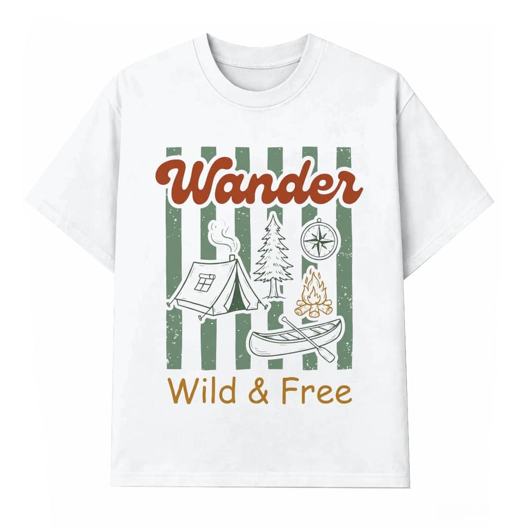 Retro Wander Wild & Free Camping T-Shirt - Mountain Adventure Gift for Him & Her