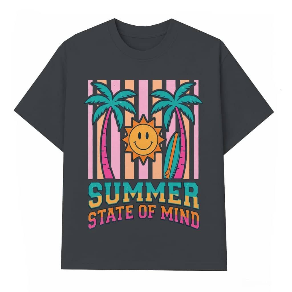 Retro Striped Summer State of Mind Palm Sunset T-Shirt - Summer Vibes Gift for Her