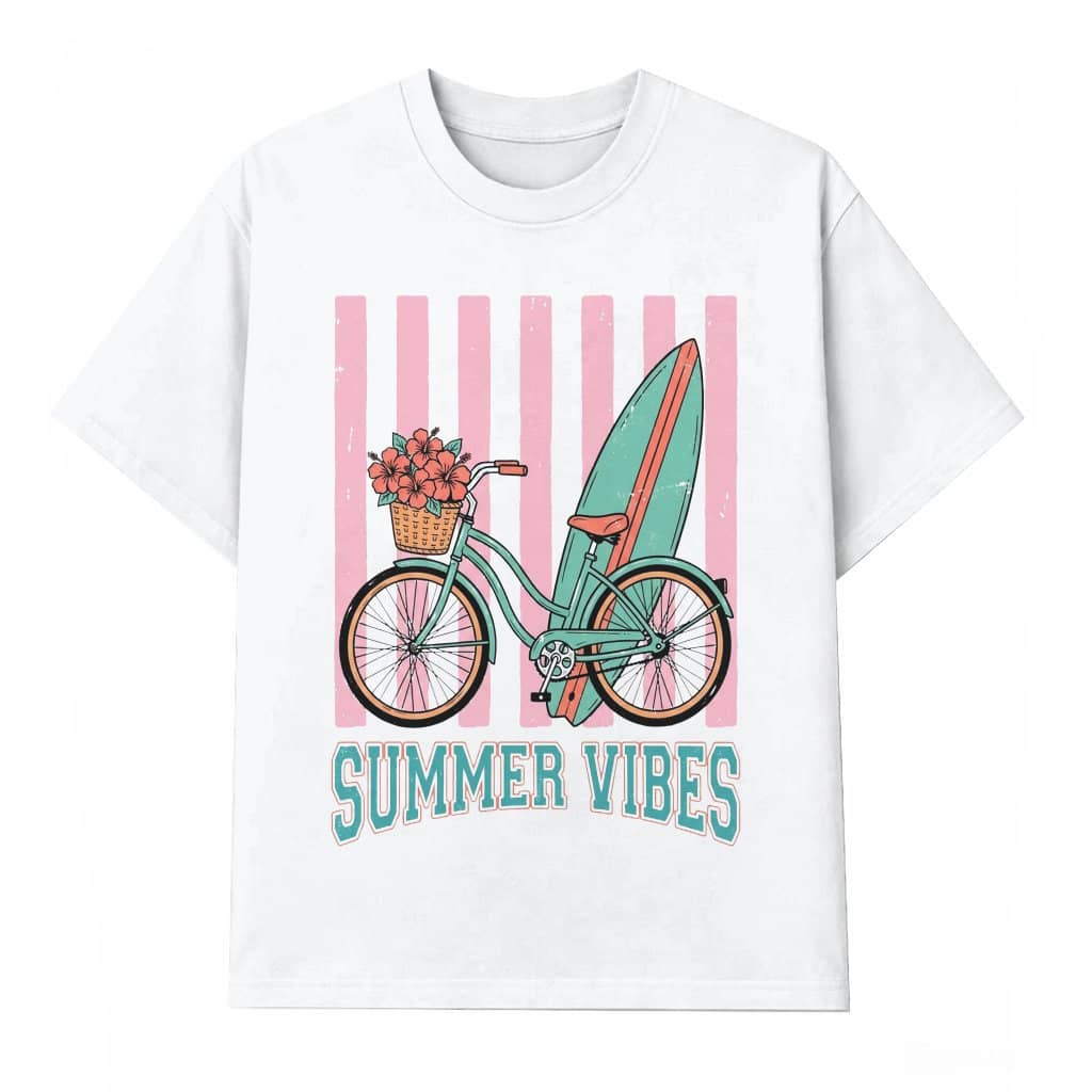 Retro Beach Cruiser Bicycle Surfboard Summer Vibes T-Shirt - Funny Summer Gift for Her