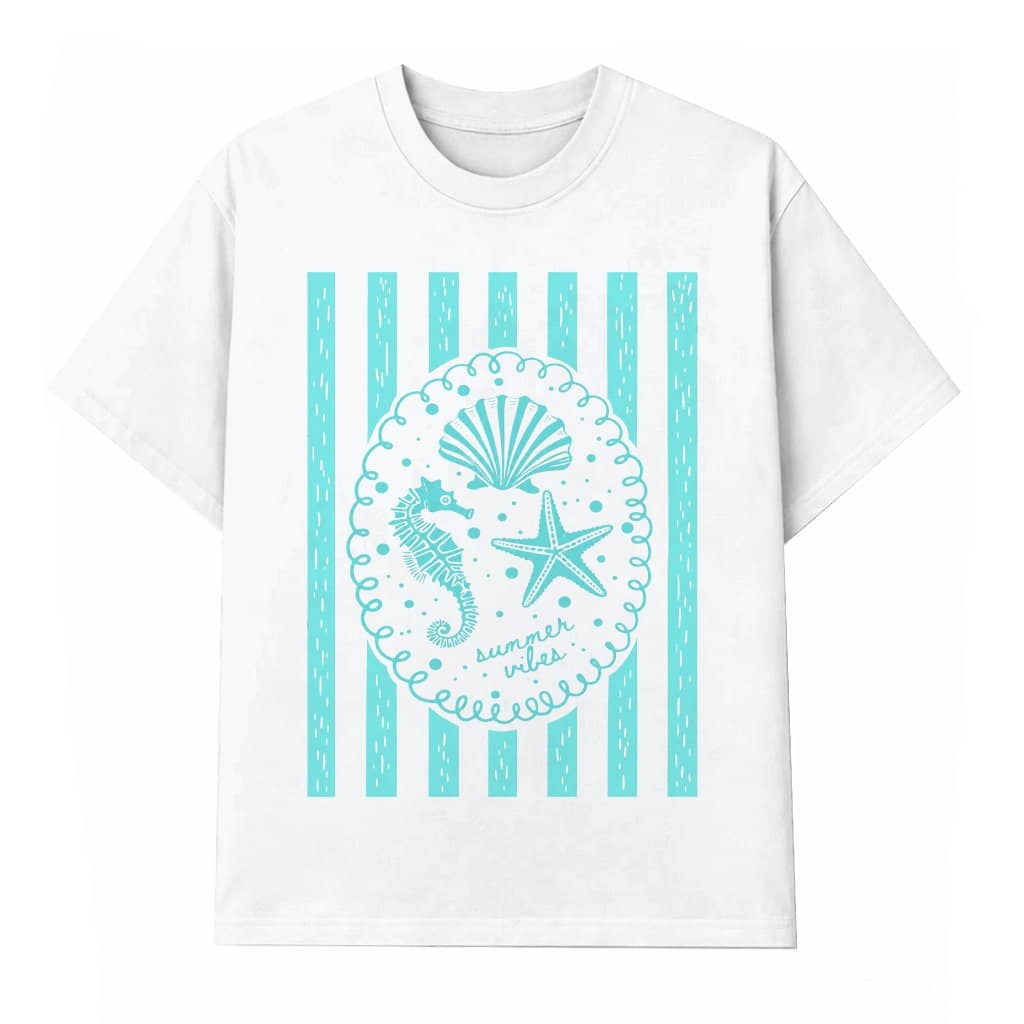 Blue Stripes Minimalist Seashell T-Shirt - Beach Vibes Gift for Her