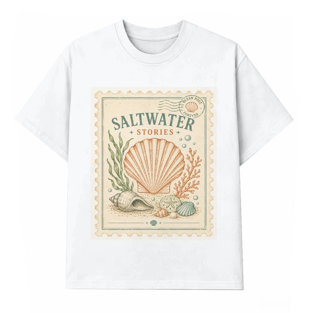 Vintage Saltwater Stories Seashells T-Shirt - Cute Ocean Post Stamp Gift for Beach Lover