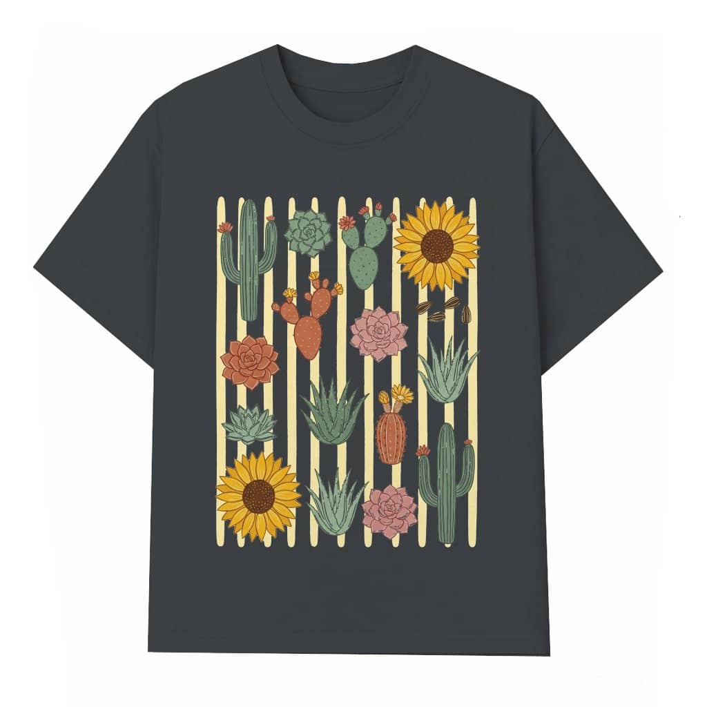 Floral Striped Cactuses Summer Garden T-Shirt - Summer Vibes Gift for Her