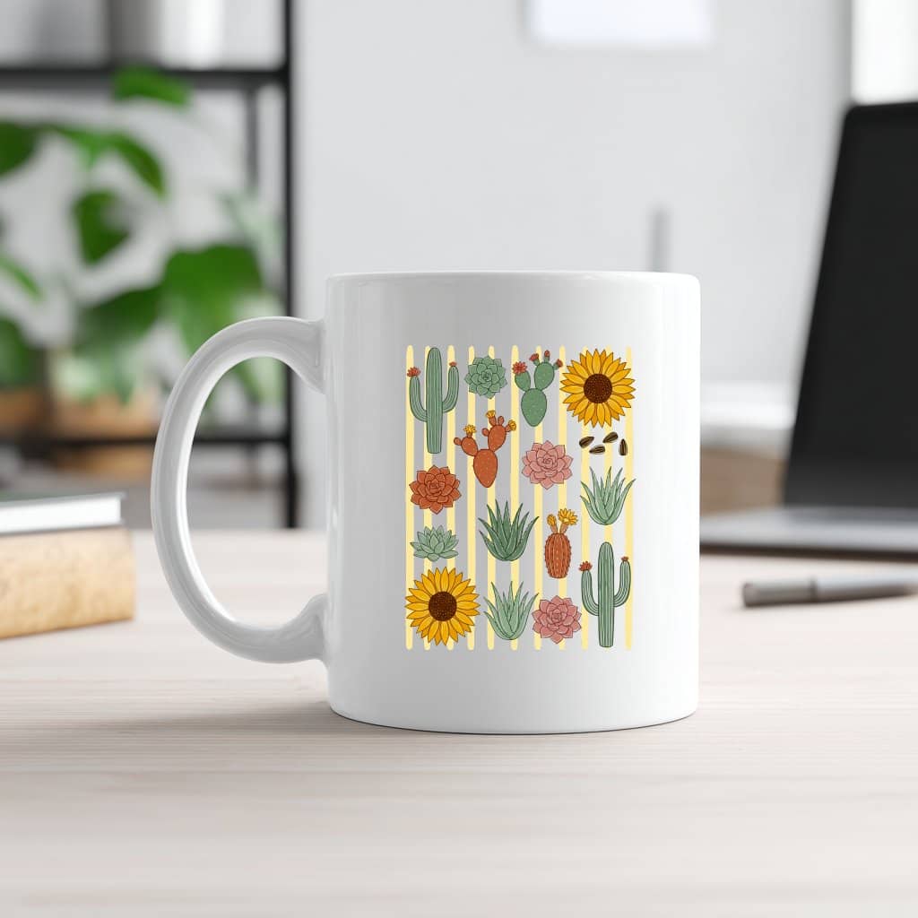 Floral Striped Cactuses Summer Garden Mug - Summer Vibes Gift for Her