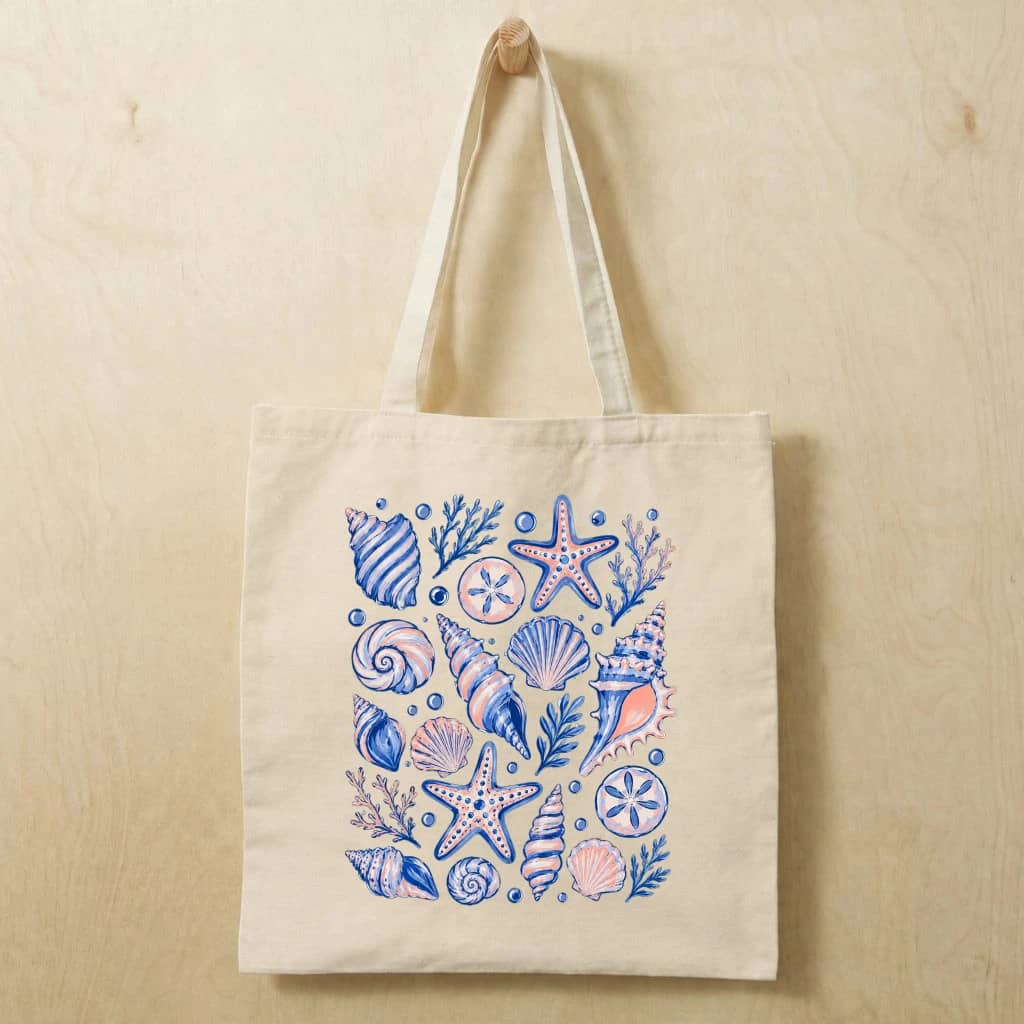 Watercolor Seashell Cotton Tote Bag - Coastal Summer Gift for Beach Lover