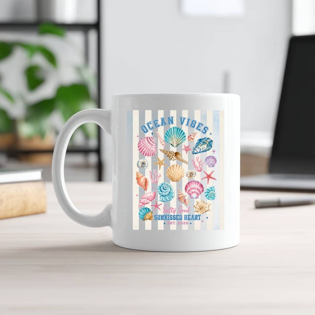 Vintage Ocean Vibes Seashells White Mug - Coastal Summer Gift for Her