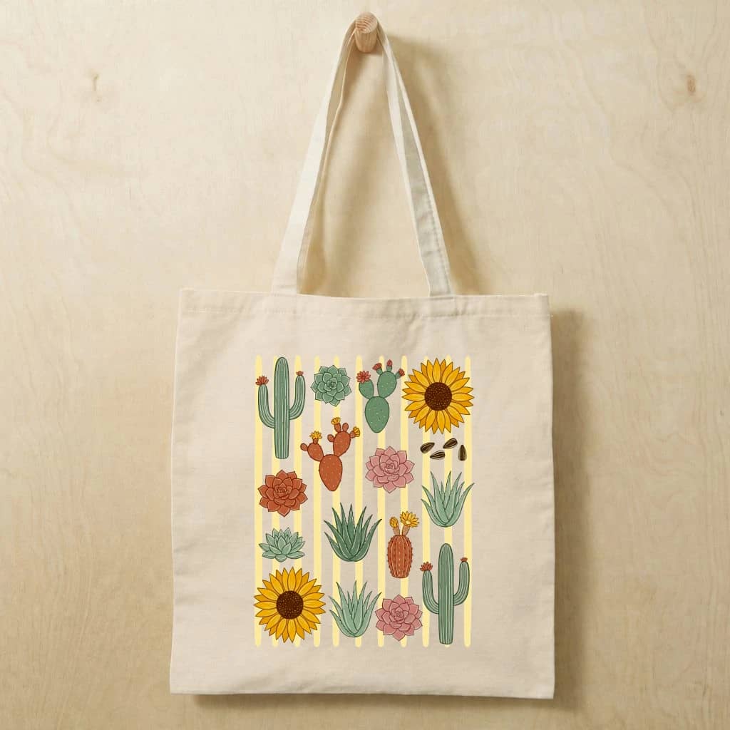 Floral Striped Cactuses Summer Garden Cotton Tote Bag - Summer Vibes Gift for Her
