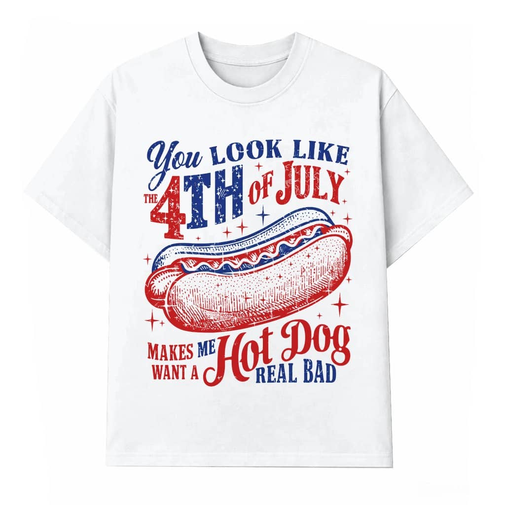Retro You Look Like the 4th of July Hot Dog T-Shirt - Funny Fourth of July Gift for Him & Her