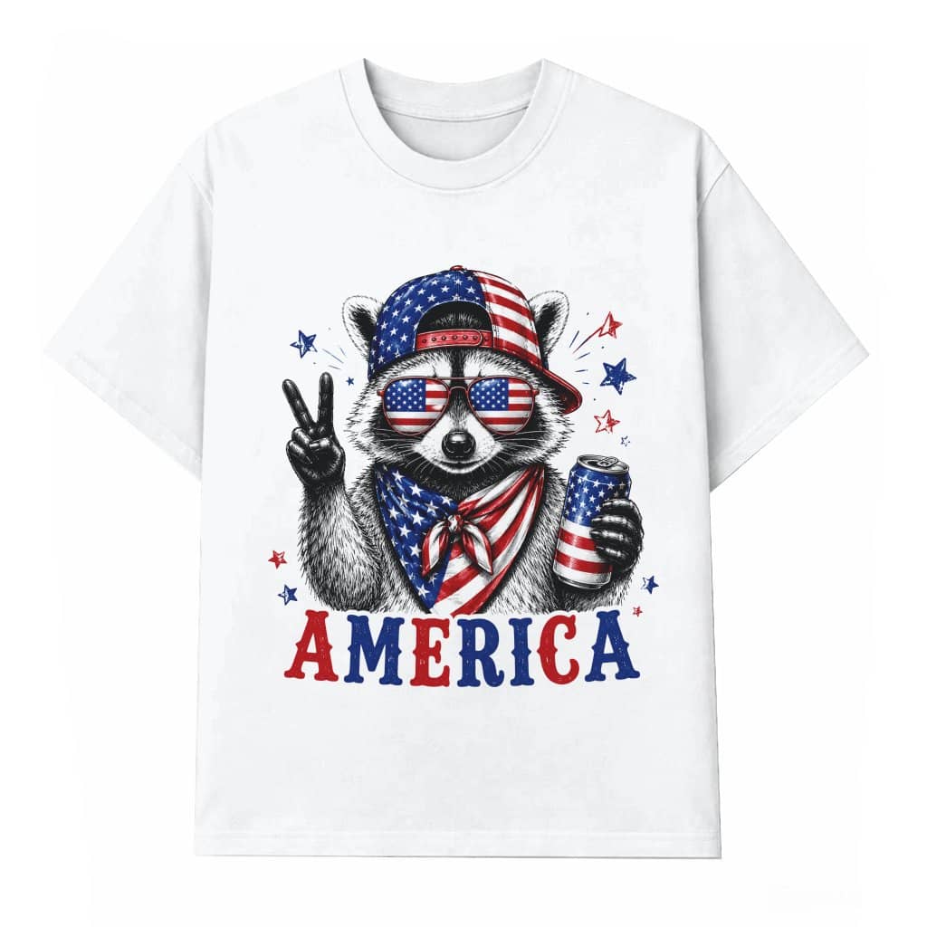 America Patriotic Raccoon T-Shirt - Raccoon Drinking Beer 4th of July Gift for Him & Her